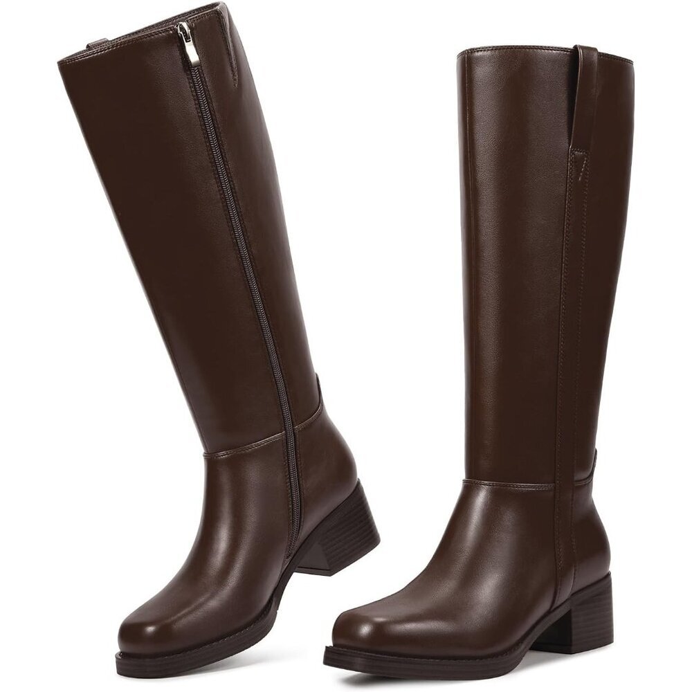 Womenâs Coffee Knee High Boots Platform Chunky Block Heel Riding Tall Boots